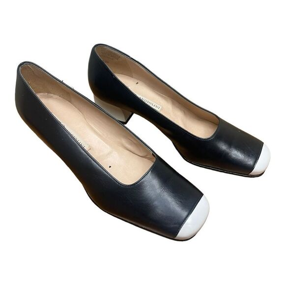 Enzo Angiolini Women’s Size 9 Leather Blue White Square Toe Heels Classy Office - Picture 1 of 8